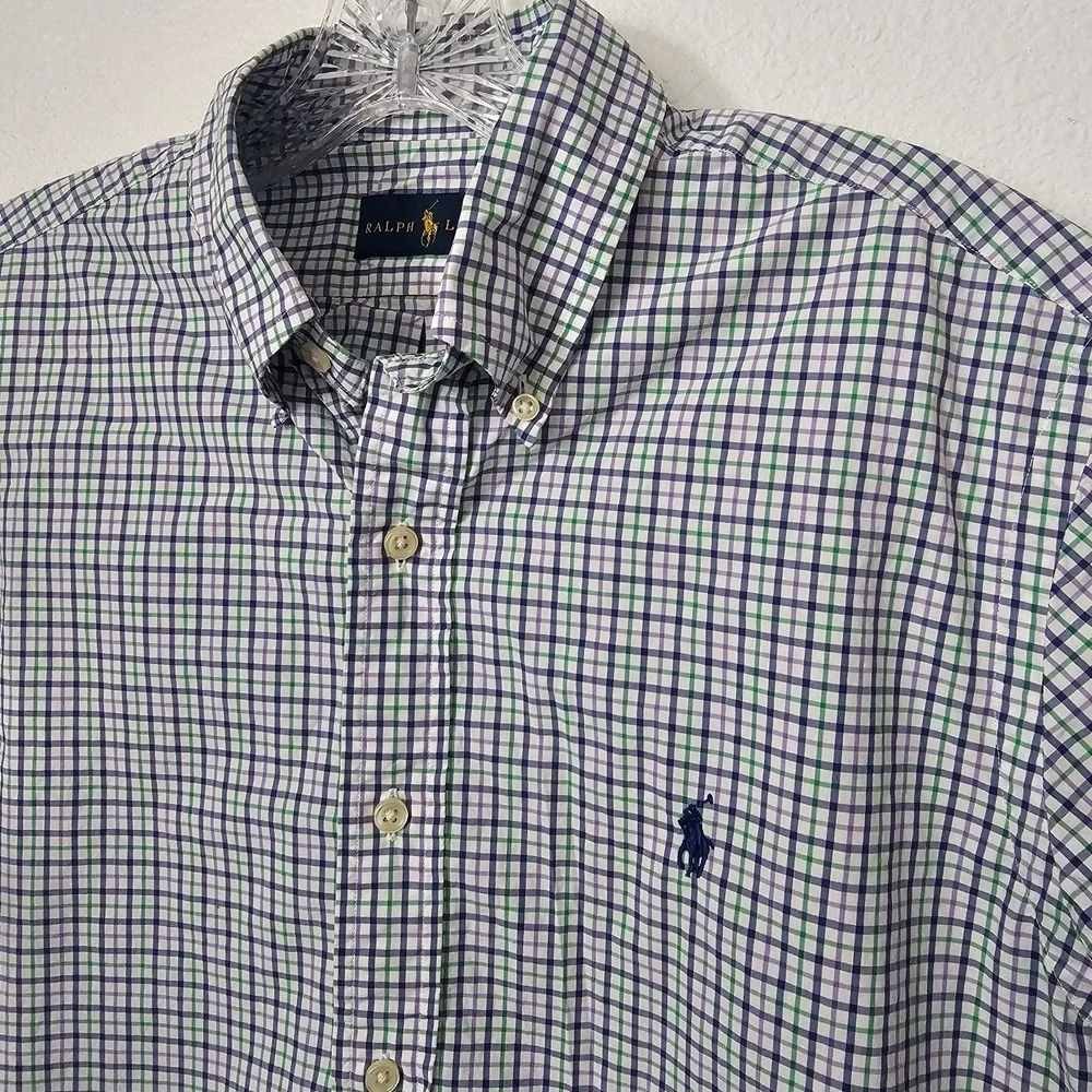 Ralph Lauren Men's Short Sleeve Green Blue‎ and White Plaid Polo Size Medium